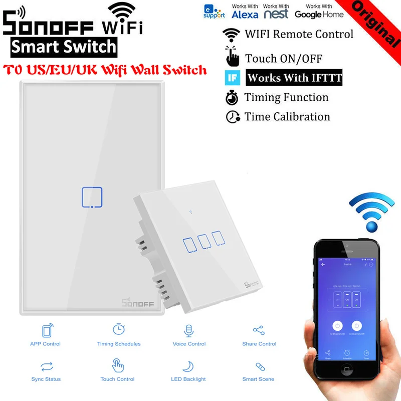 

SONOFF T0 EU/US/UK TX Wifi Touch Wall Light Wireless Switch Smart Home 1~3 Gang Voice/APP Remote Control With Alexa Google Home