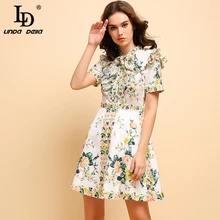 LD Linda della сезон: весна–лето модное платье Для женщин, элегантная обувь, украшенная бантиком, с оборками плиссированные Цветочный, отпечатанный, винтажный платья трапециевидной формы без