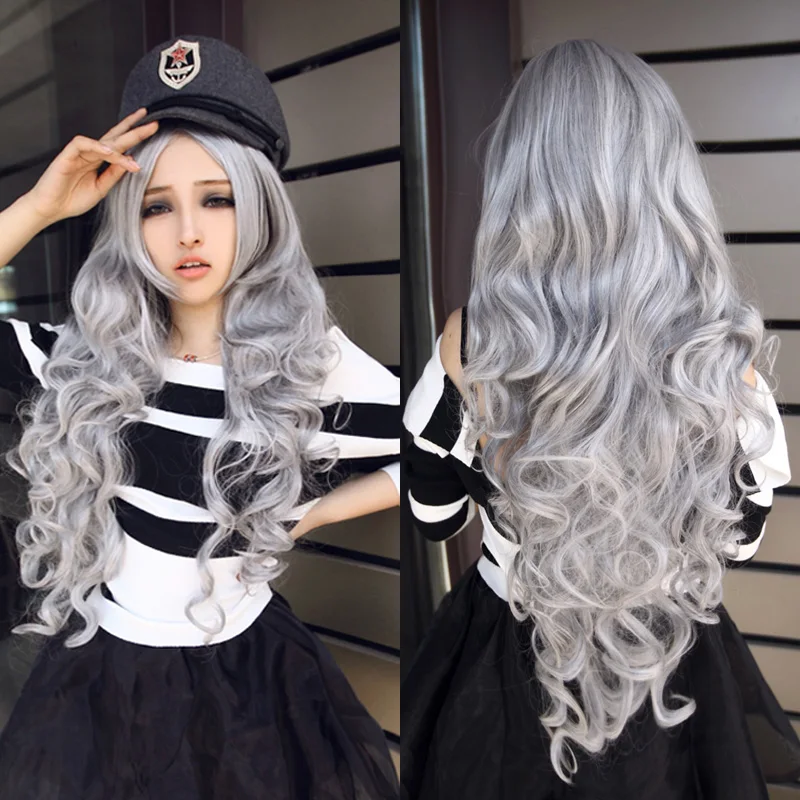 

High Quality Anime Harajuku Lolita Silver Grey Long Curly Wig Cosplay Synthetic Hair Halloween Costume Party Wigs For Women
