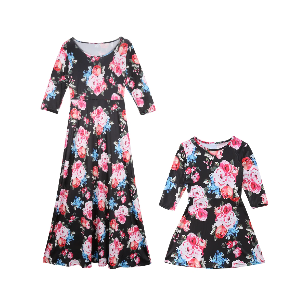 

Mother and Daughter Floral Dress Long Sleeve Boho Maxi Beachwear Woman Kids Long Dresses Family Match Clothes