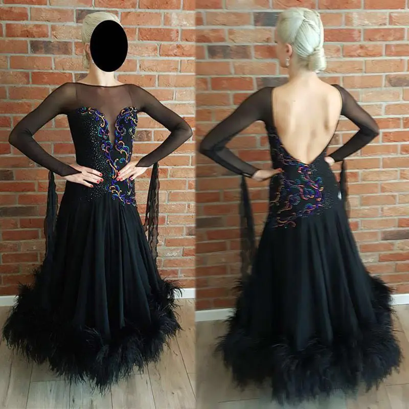 

Modern Waltz Tango Ballroom Dance Dress, Smooth Ballroom Dress, Standard Ballroom Dress ,black Backless Feathered dress