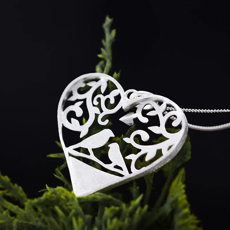 Lotus Fun Real 925 Sterling Silver Handmade Fine Jewelry Romantic Bird in Love Heart Shape Pendant without Chain for Women