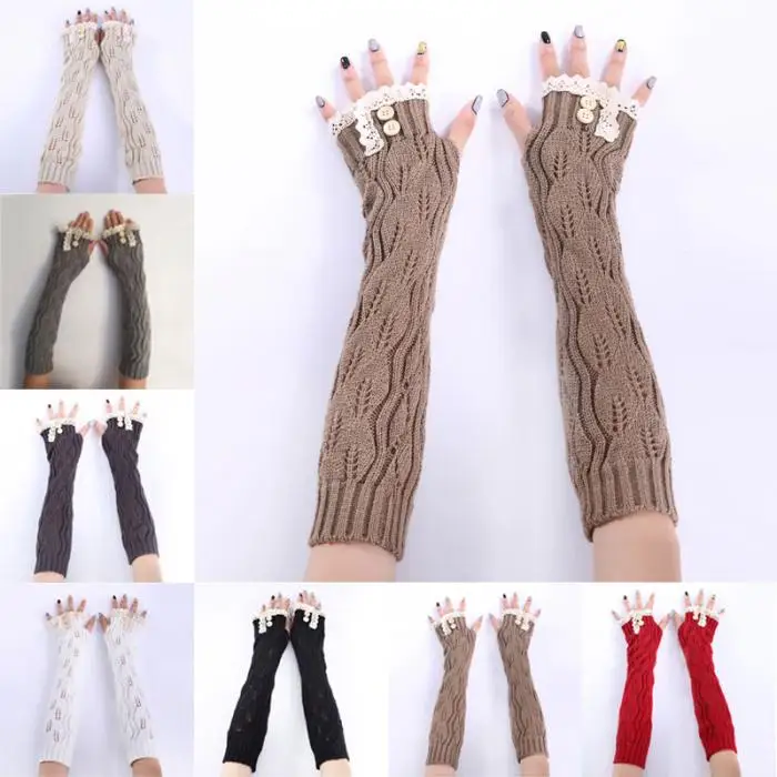 1 пара, модные женские зимние теплые перчатки без пальцев, кружевные пуговицы, вязаные Длинные теплые перчатки, варежки для женщин, FDC99