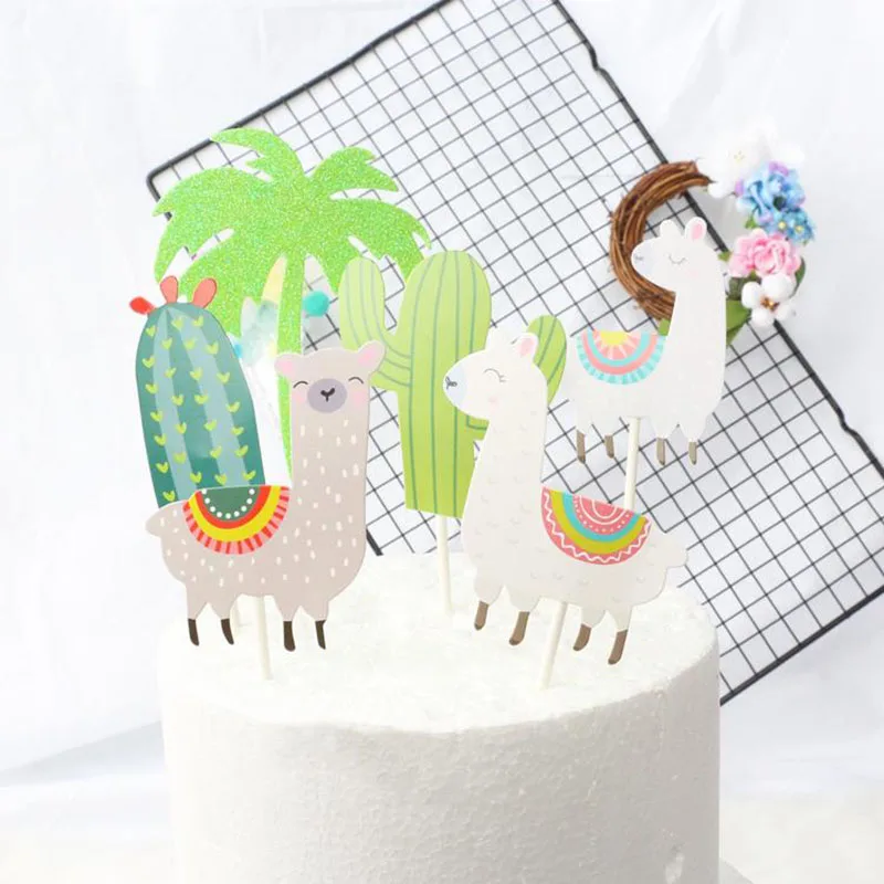 Cactus Alpaca Llamas Cake Topper Cupcake Toppers Summer Jungle Party Cake Decoration Cake Flags Party Supplies