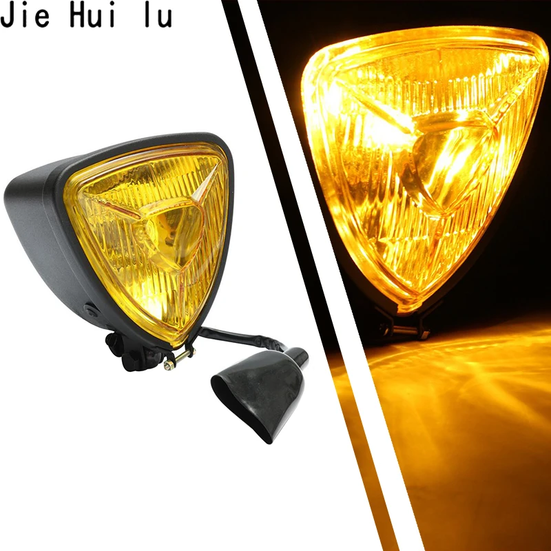 

1Pcs Motorcycles Vintage Triangle Headlight H4 12V 55/60W Head Lamp for Harley Chopper Cruisers Custom Amber White Lens