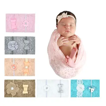 

3Pcs/Set Baby Floral Lace Blanket Wrap Swaddle with Faux Pearl Headbands Decor
