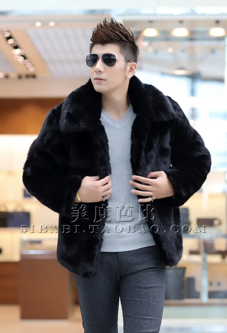 dark brown leather jacket New 2018 winter fashion men faux fur jacket Soft and comfortable warm rabbit fur Turn-down Collar solid color  fur coat leather varsity jacket
