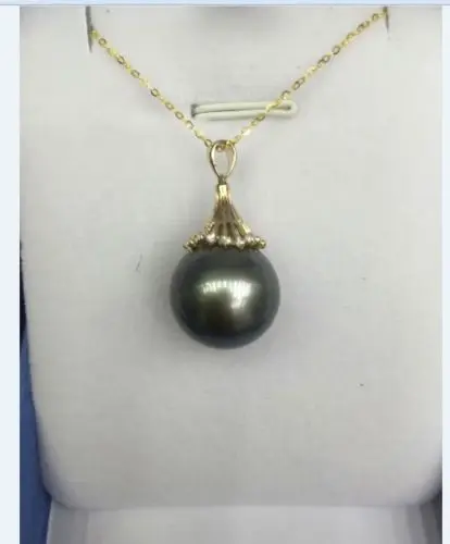 

Free Shipping >>>>>gorgeoushuge AAA 14mm tahitian round black green shell pearl necklace 14k chain