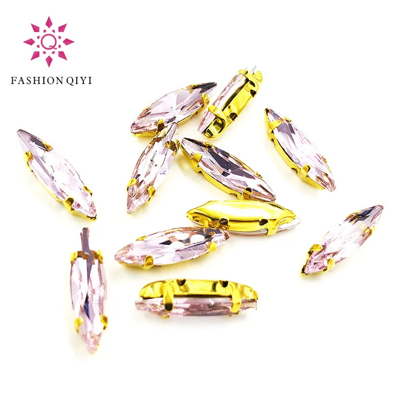 Free shipping 4x15mm Pink Horse eye shape 50pcs/pack Glass Crystal Gold bottom sew on claw rhinestones diy Sewing On Garment