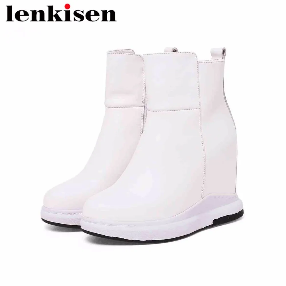 Cuir Véritable L85 Rond Haute Inférieurs Noir Lenkisen Talons Piste Bout En Super Style Simple Fermeture Coins blanc Femmes Étanche Bottes Éclair Cheville 54AqR3Lj
