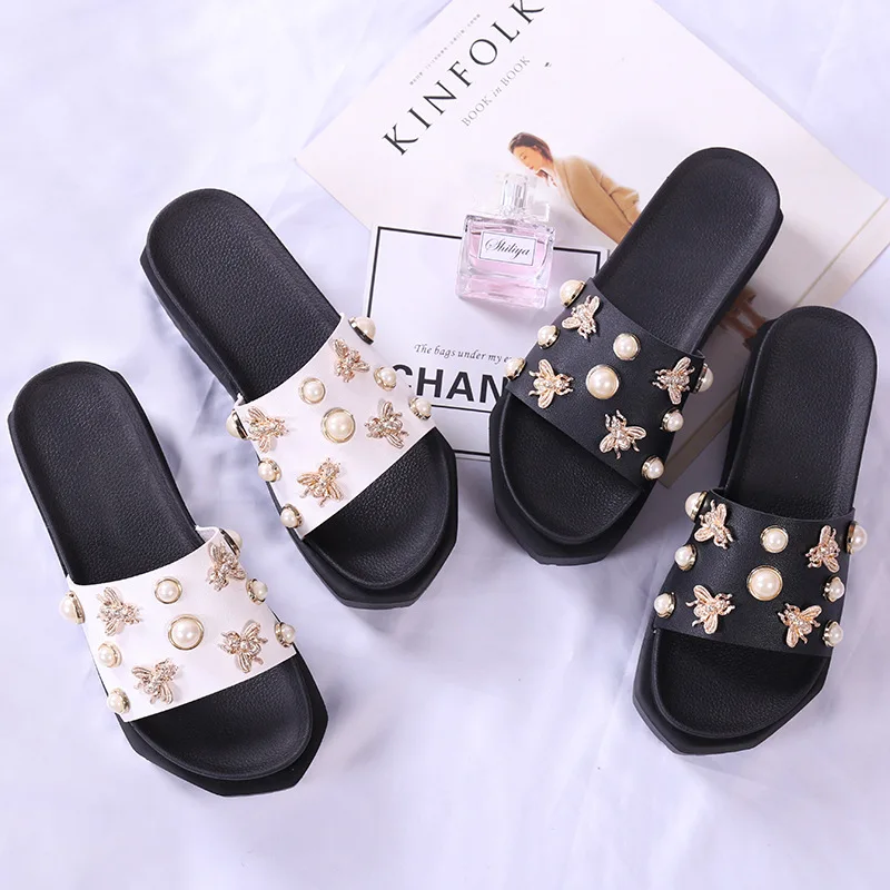 

European brand slides women height increasing anti-skid platform sandals ladies pearl rivets studded gladiator sandals muffins