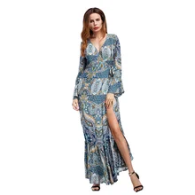 New Arrival 2017 Women Trumpet Mermaid Boho Sundress Empire Split Full V Neck Dress Flamingo Office Beach Vintage Clothing Cheap
