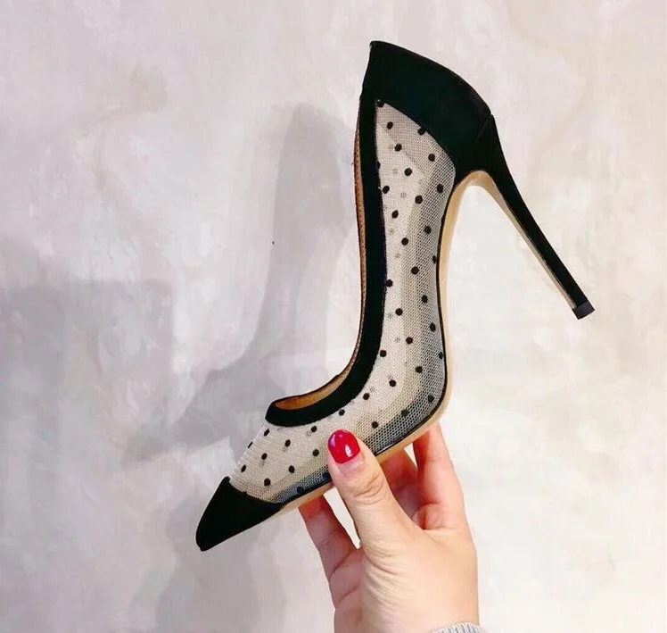 

Hot Selling Black Wave Point Pumps Women Shoes Pointed Toe Mesh See Through High Heel Pumps 10cm Thin Heels Wedding Shoes
