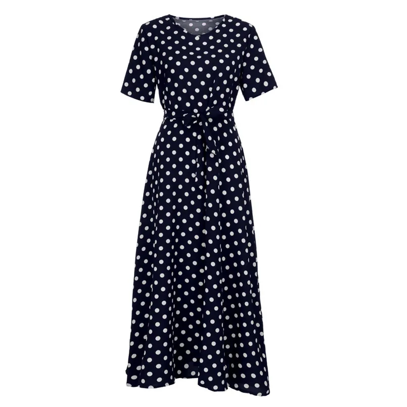  New Women Summer Vintage O-Neck Short Sleeve Beach Polka Dot Bandage Long Maxi Dress Sexy Elegant Lady Holiday New Dress #4R08 (22)
