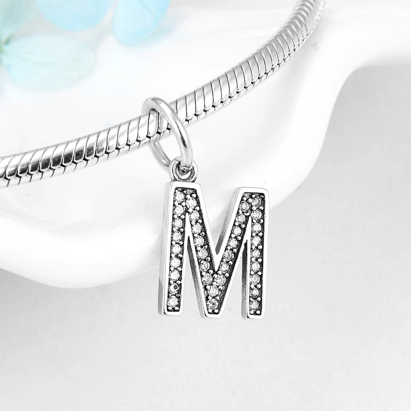 Аутентичные Подвески из стерлингового серебра 925 пробы с надписью «Lucky Letter M», ювелирные изделия, прозрачные циркониевые бусы, подходят к оригинальному браслету Pandora Charms