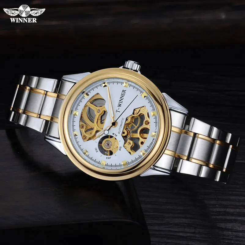 الرجال ساعات آلية الهيكل العظمي الساعات الفائز العلامة التجارية التجارية اليد الرياح المعصم للرجال ستانلس سوار فولاذي ساعة حائط هدية