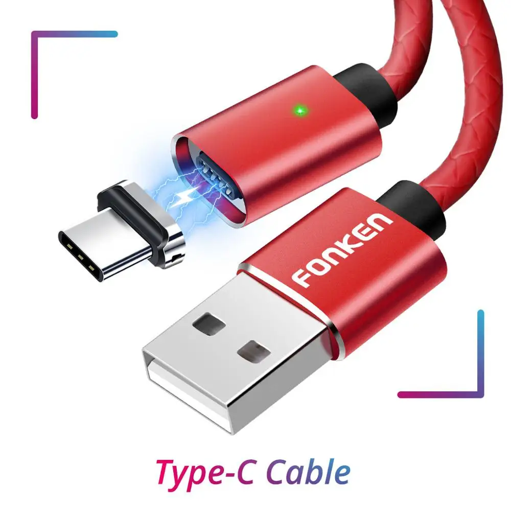 Магнитный кабель Micro USB FONKEN для быстрой зарядки, 3 А, Кабели usb type-C, 1 м, 2 м, провод Android, шнур для быстрой зарядки мобильных телефонов - Цвет: Red Type C Cable