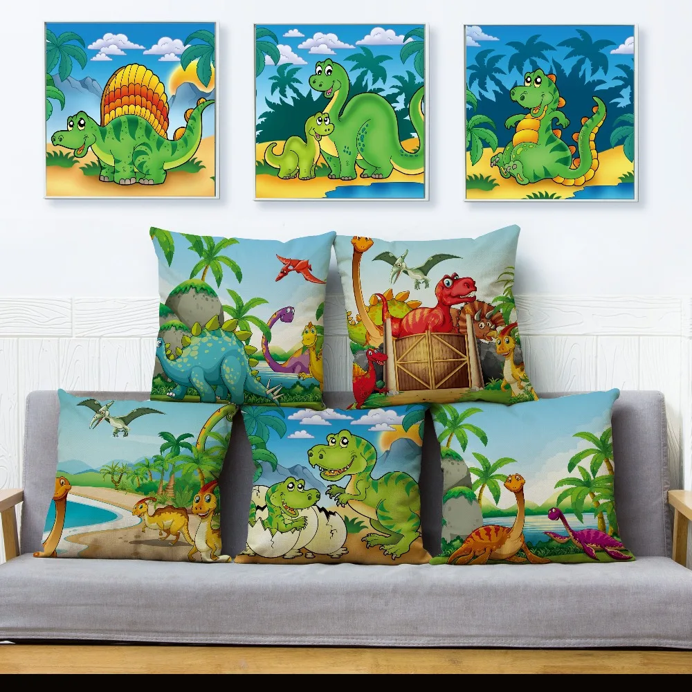 

Cute Cartoon Jurassic Dinosaur Animal Throw Pillow Cover 45*45cm Cushion Covers Linen Pillows Cases Sofa Home Decor Pillow Case