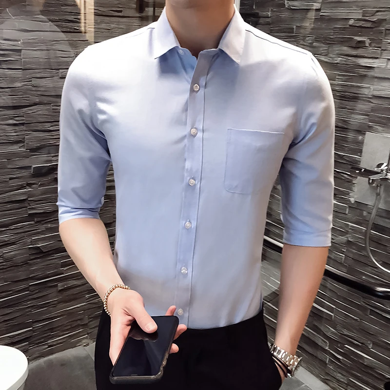 

Designer Men Shirt Three Quarter 2019 Men Long Sleeve Oxford Dress Shirt with Chest Pocket Cotton Male Casual Solid CS75