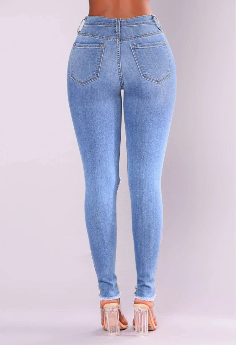 Новое поступление; повседневные длинные джинсы Для женщин Высокая Талия тощий карандаш Синий джинсовые штаны рваные укороченные slim fit Skinny jeans Для женщин