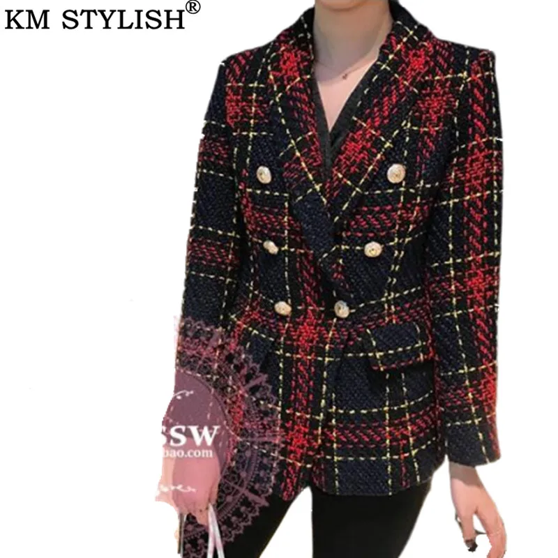 

2019 Latest Explosive Women's Jacket Red Line Plaid Woven Tweed Woolen Double Breasted Blazer