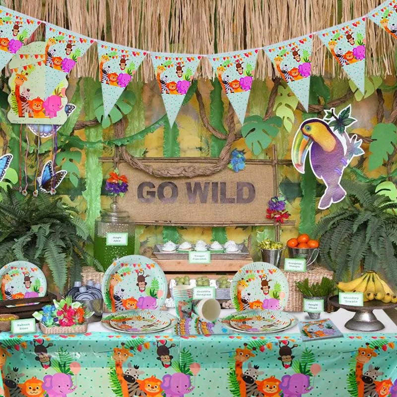 

Jungle Party Animal Tableware Happy Birthday Banner Cupcake Toppers Baby Shower Safari Party Decor Birthday kids party supplies