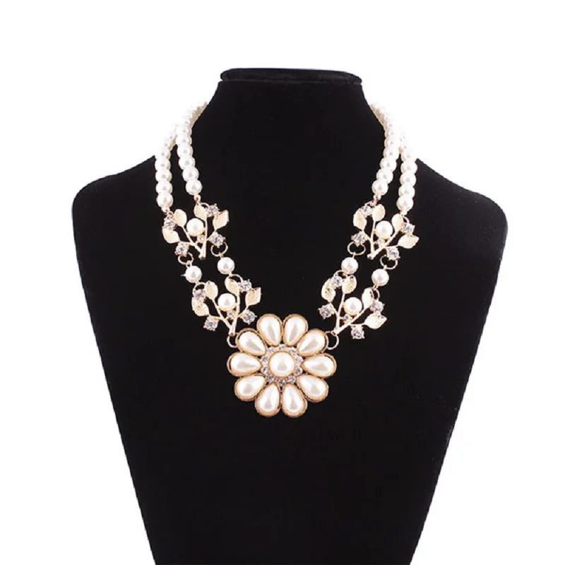 

luxury Simulated pearl chain rhinestone crystal flower choker necklace bead work jewelry for women