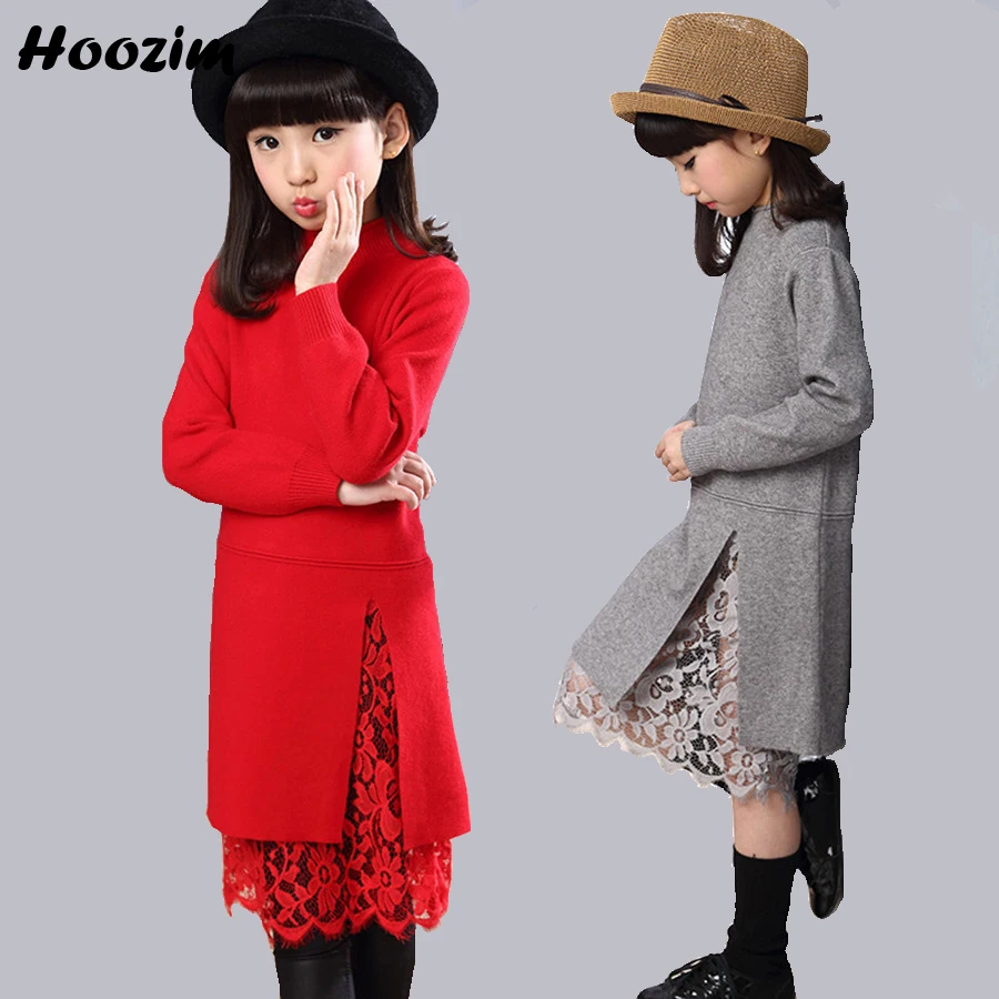 Осеннее платье для девочек 7, 8, 9 лет, торжественное платье принцессы с длинными рукавами, теплое кружевное вязаное праздничное платье модная детская одежда