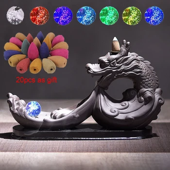

Backflow Incense Burners Dragon Ceramic Waterfall LED Light Incense Holder+ 20pcs Cones Censer Chinese Aromatherapy Home Decor