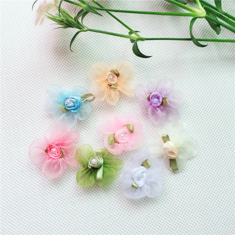 

42PCS organza ribbon flowers w/bead leaf wedding sewing appliques crafts