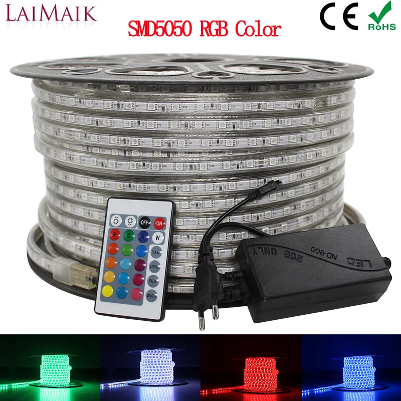 Laimaik RGB светодиодная лента 5050 Водонепроницаемый IP67 AC 220 В светодиодный ленты rgb 60leds/M 5050SMD с беспроводной контроллер Plug светодиодное освещение