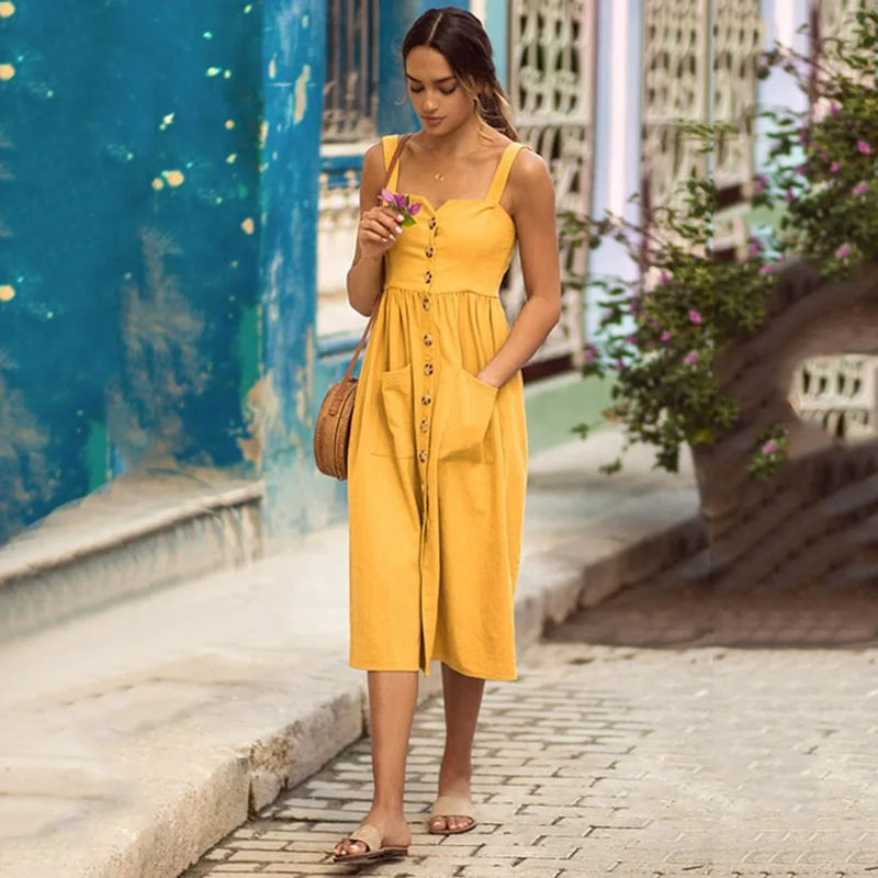 

Summer Casual linen dress women Sleeveless Off Shoulder Button Pocket Loose Camis Solid sexy dress vestidos robe femme