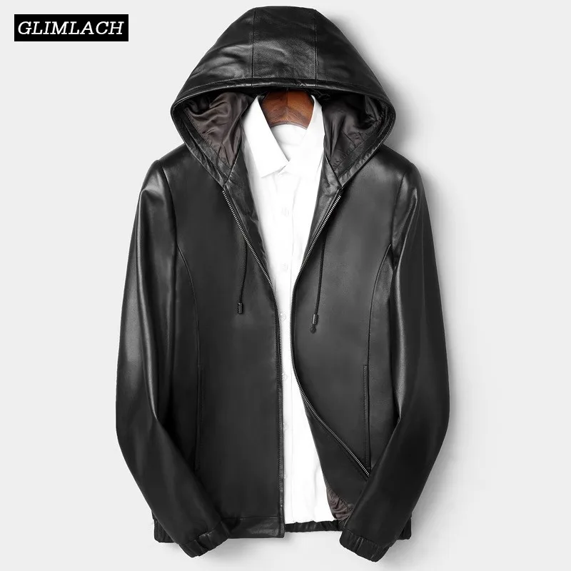 Plus Size L-4XL Hat Real Sheepskin Pilot Jacket Mens Fashion Black Genuine Leather Bomber Jacket Men Hooded Zipper Male Clothes