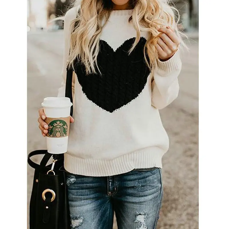 

Winter Women Sweaters Warm Heart Pullover Long Sleeve Oversize Women Knitted Sweater Casual Thicken Wool Female Pullovers Tops