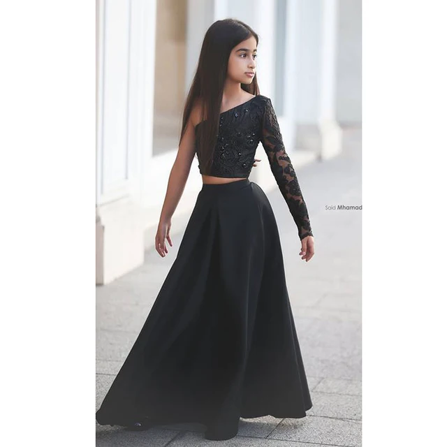 Said Mhamad Black One Shoulder Long Sleeve Kids Prom Dresses A Line Two Piece Beaded Flower