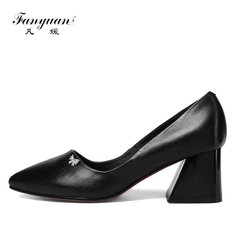 

Fanyuan High heels New Fashion Genuine Leather Square High Heels slip-on Solid Shoes Woman Concise Spring Pumps Big Size 32-43