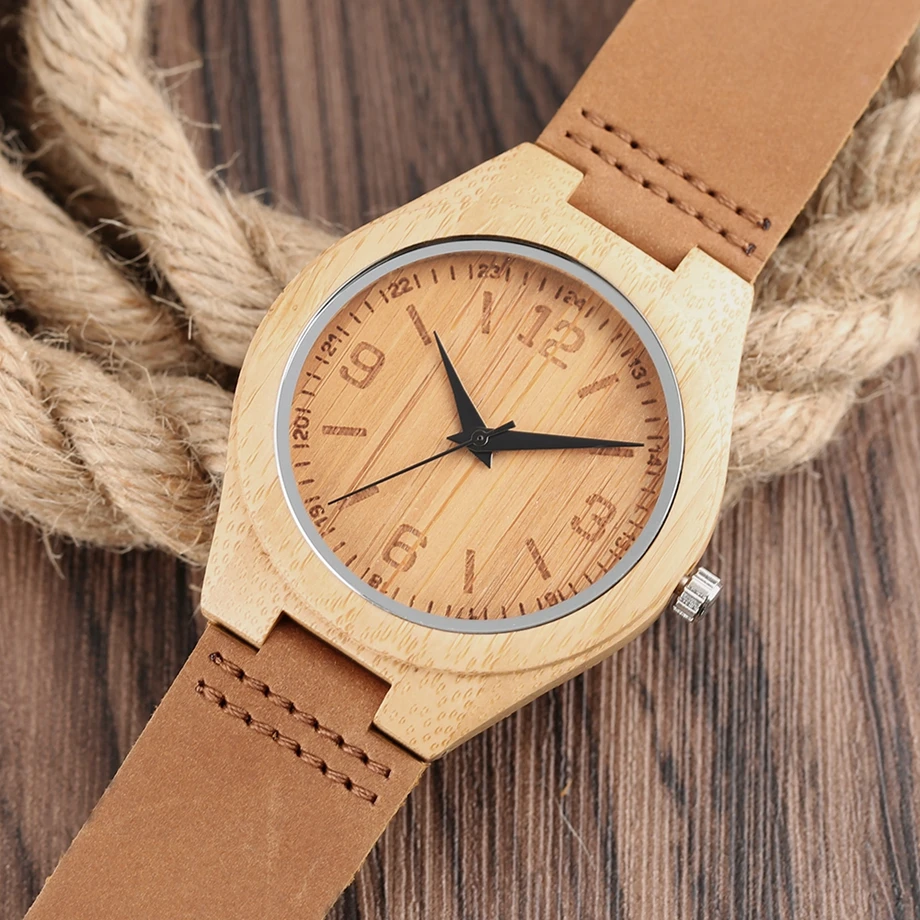 YISUYA Men's Watch Nature Wood Bamboo Watch Handmade Timber Clock Casual Sport Quartz Wrist Watch Genuine Leather Band Strap  (2)
