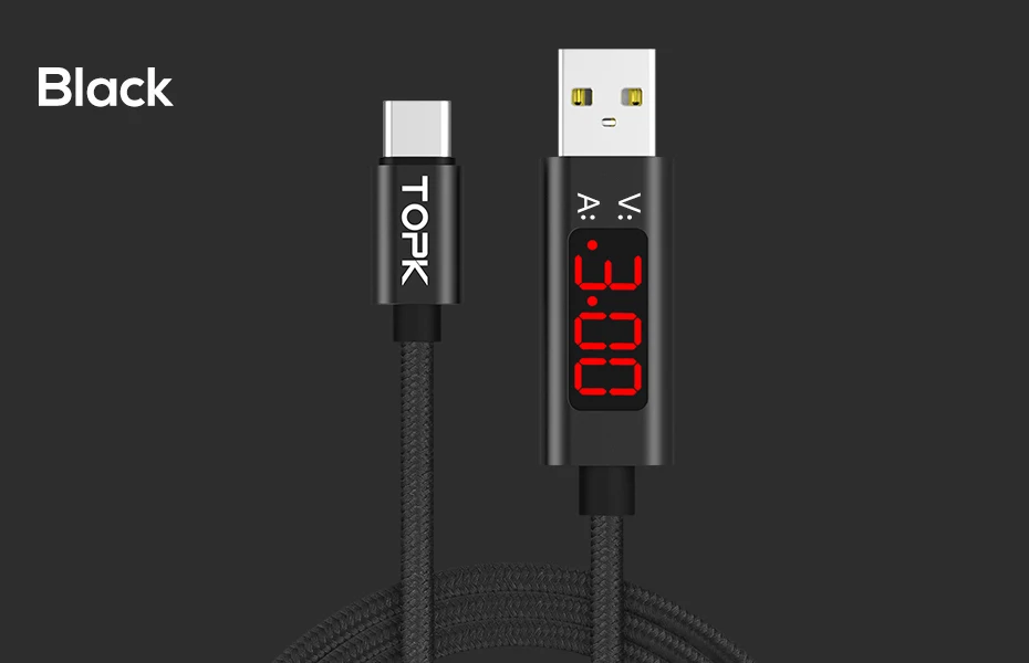 TOPK AC27 3A usb type-C кабель для передачи данных USBC кабель для быстрой зарядки напряжение и ток дисплей USB-C кабель для samsung S9 S8 redmi note 7