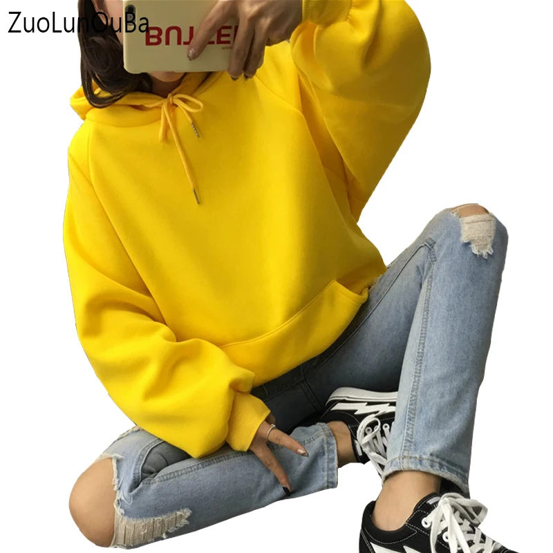 

Zuolunouba winter Casual coat Fleece women Hoodies Sweatshirts long sleeve girl Pullovers loose yellow cute Hooded Female thick