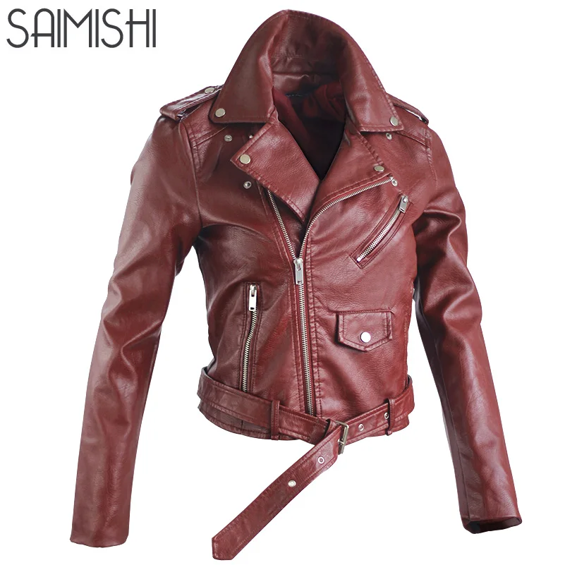 Женские мотоциклетные куртки Saimishi Короткие Куртки из искусственной кожи на