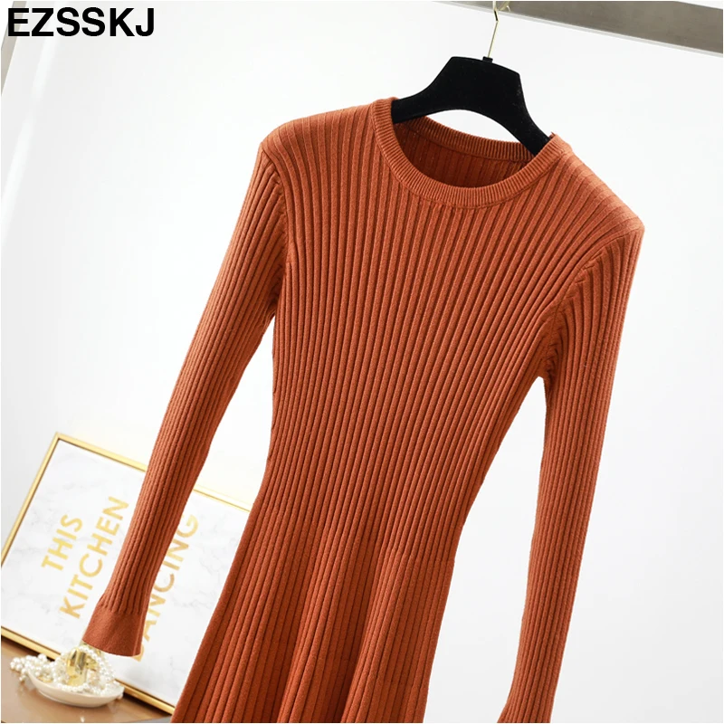 elegant Long sleeve OL O-neck long Sweater dress women Thick knit Autumn Winter dress female Slim A-line basic dress casual pink dress