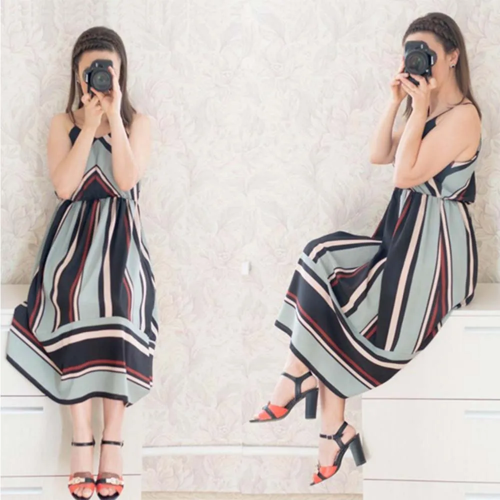 AZULINA Casual Striped Beach Dress Women Sexy Sleeveless Spaghetti Strap Midi A Line Summer Party Dress 2018 Sundress Vestidos