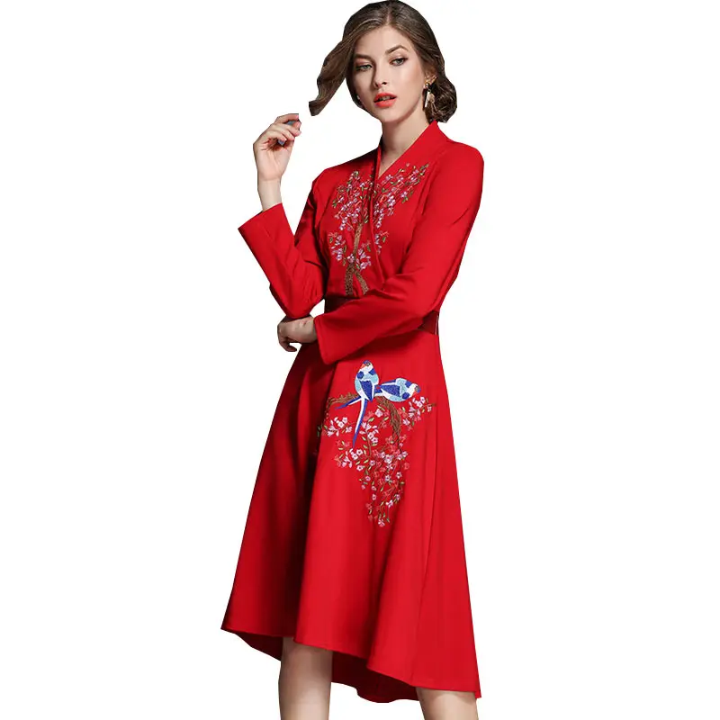 

Spring Autumn V-neck Embroidery Vintage Dress 2018 New Plum Embroidery Slim Womens Dresses Tie Fashion Female Vestidos WZ445