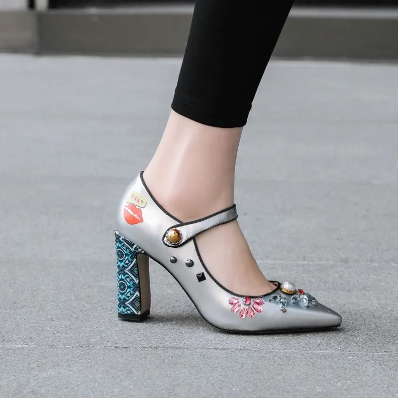

Womens Pointed Toe Real Leather Rhinestones Crystal Printed Rivet Studded Block High Heel Ankle Buckle Shoes Pumps A1008