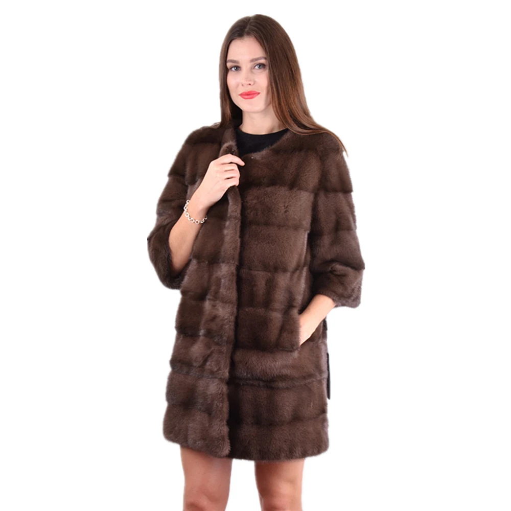 

TOPFUR 2019 New Fashion Winter Long mink coat Real Fur coats For Women real mink Fur Standard coat O-neck half Sleeves Outwear