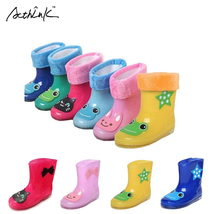 ActhInK New Design Kids Cartoon Rainboots Baby Girls Antiskid Wellies with Cotton Velvet Boys Autumn Winter