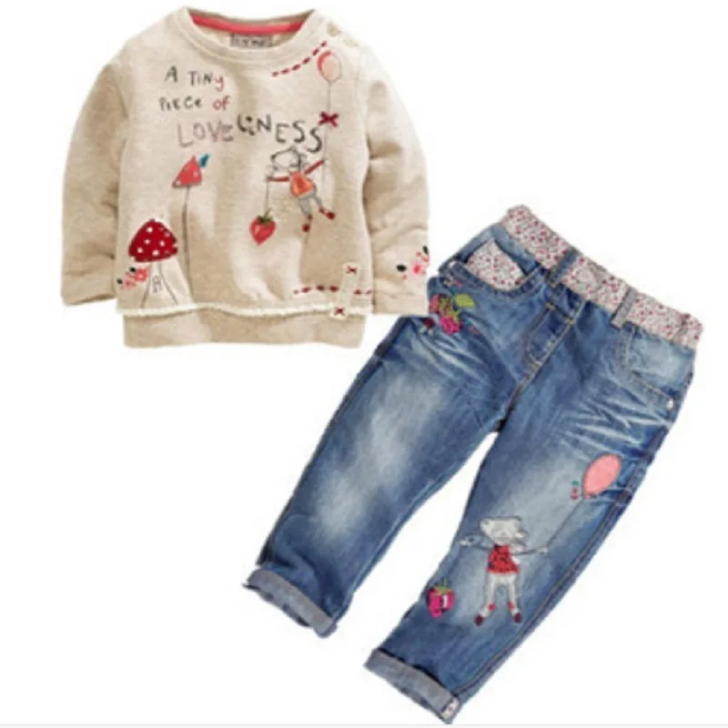 Комплекты одежды для девочек коллекция года, весенне-осенняя одежда для маленьких девочек детская футболка+ джинсы, комплект из 2 предметов детские штаны для малышей спортивный костюм для девочек