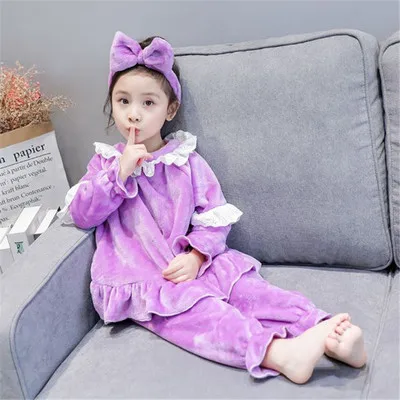 Зимние детские мягкие пижамы в Корейском стиле для девочек; комплект из 2 предметов; домашний комплект для девочек; детская пижама с длинными рукавами; H378 - Цвет: Лаванда