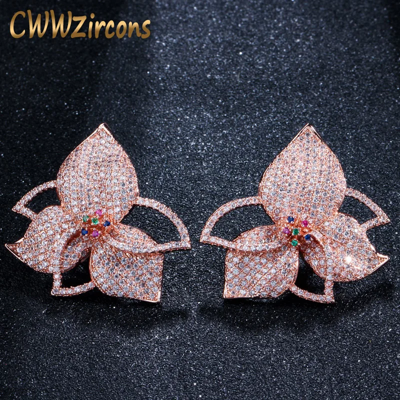 

CWWZircons Exclusive Leaf Flower Multicolor Cubic Zirconia Pave Rose Gold Women Big Engagement Night Out Party Earrings CZ418