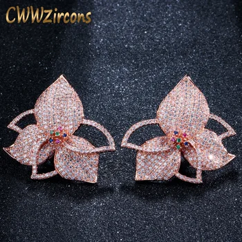 

CWWZircons Exclusive Leaf Flower Multicolor Cubic Zirconia Pave Rose Gold Women Big Engagement Night Out Party Earrings CZ418